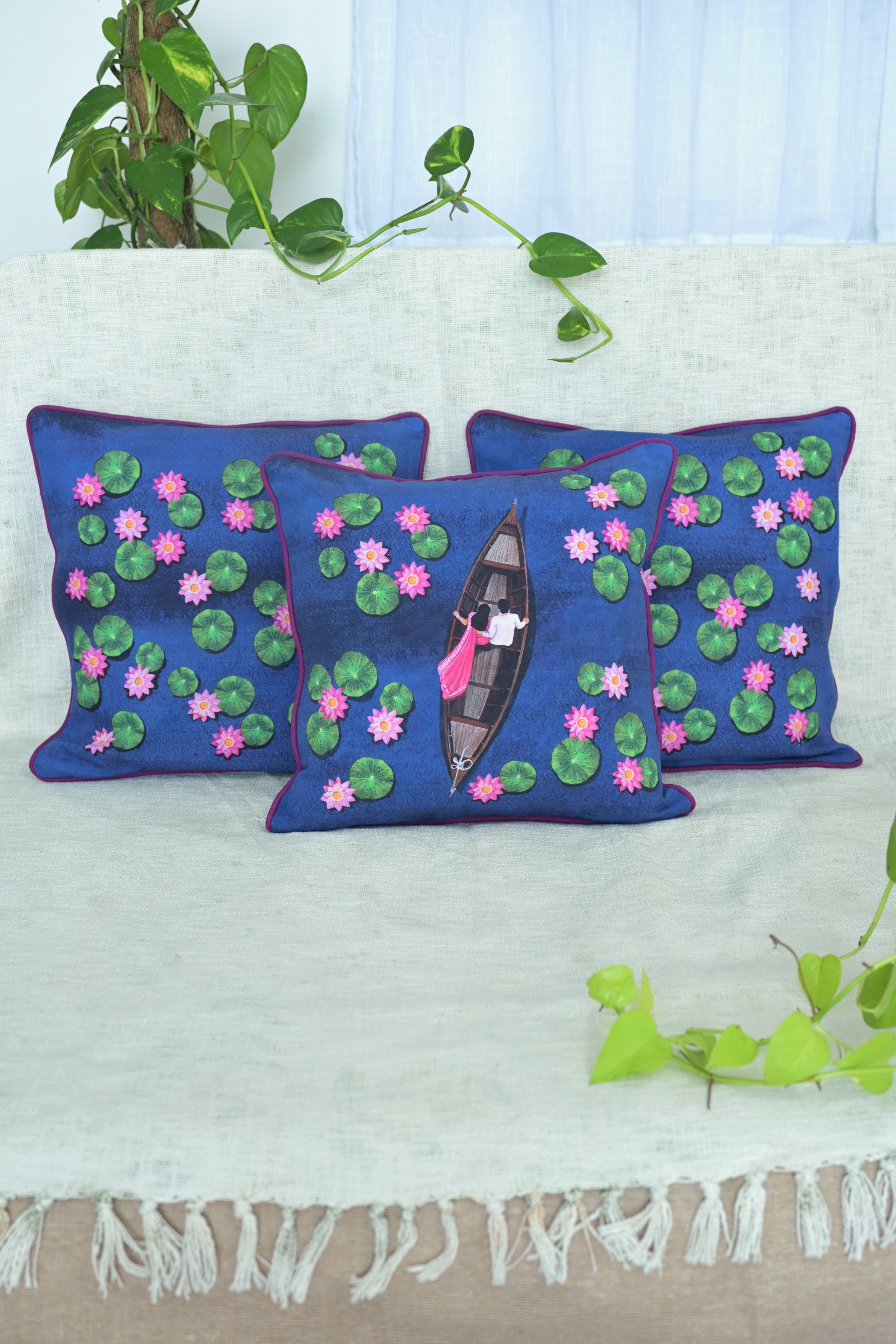 Boat ride in a quite Lotus pond (set of three)