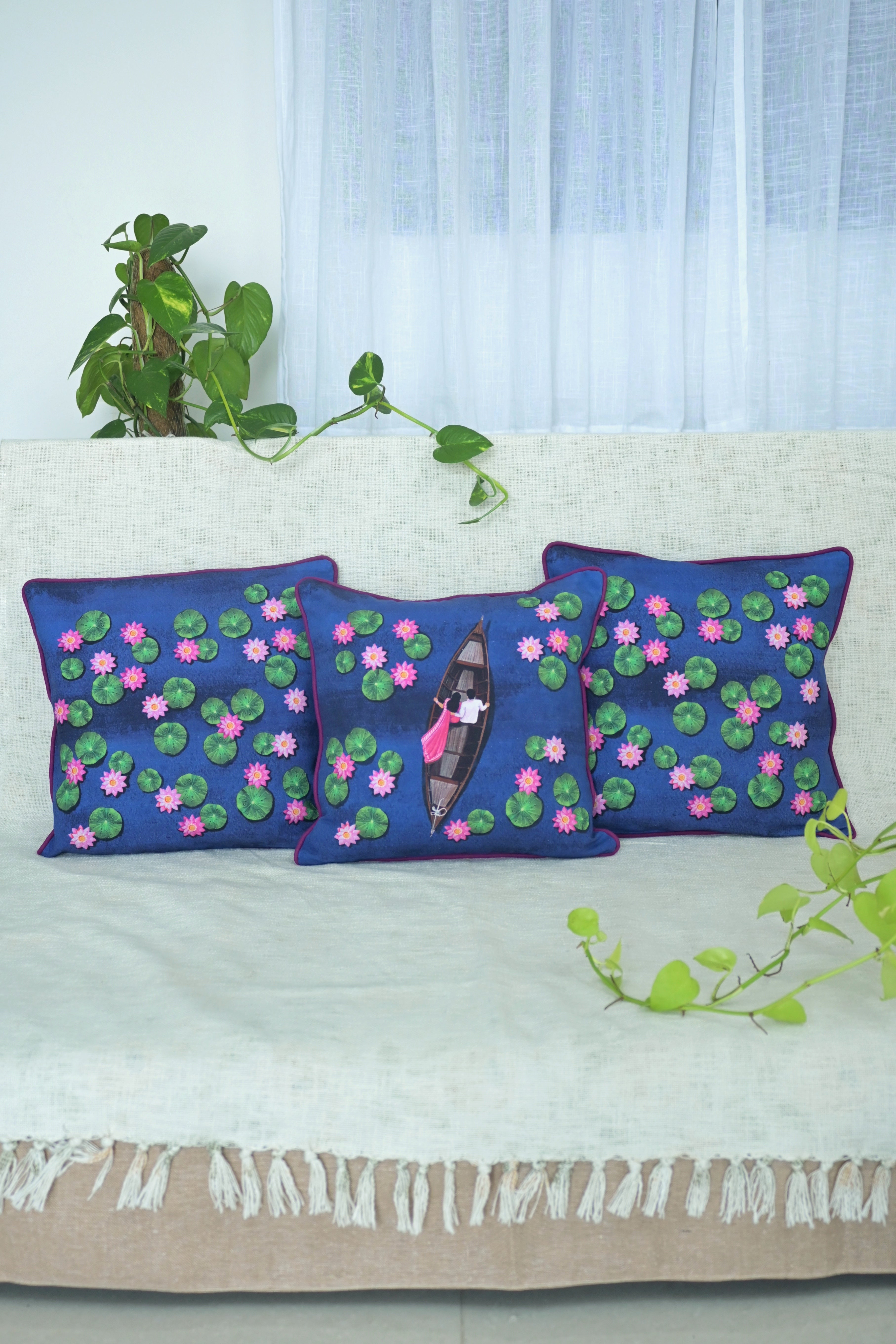 Boat ride in a quite Lotus pond (set of three)