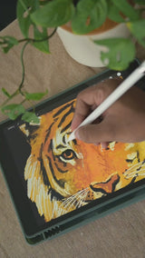A tiger holds the marigold flower gently 🌼